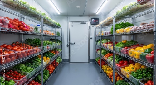 A well-organized walk-in refrigerator stocked with a variety of colorful fruits and vegetables on me