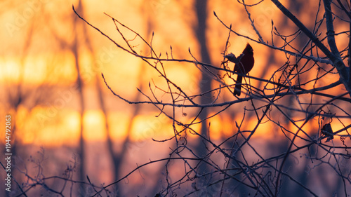 Silhouette of Northern cardinal (Cardinalis cardinalis) perched in tree at dawn