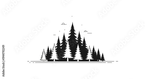Minimalist black silhouette of a pine tree forest. Modern geometric outdoor nature landscape graphic illustration on white.
