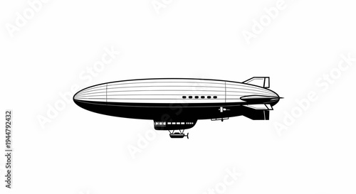 Vintage style airship illustration. Retro blimp with a gondola, dirigible for air travel. Isolated graphic on white background.