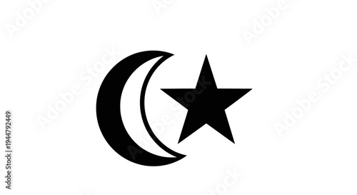 Black crescent moon and star symbol on white background. Religious and cultural icon representing spirituality and faith.