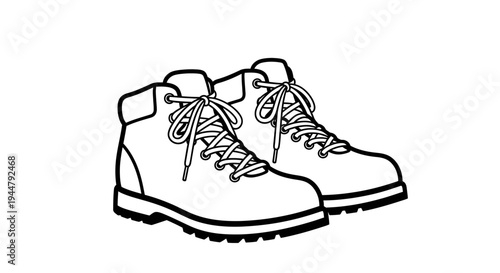 Black and white line art illustration of a pair of sturdy hiking boots, perfect for trekking, outdoor adventures, and exploration.