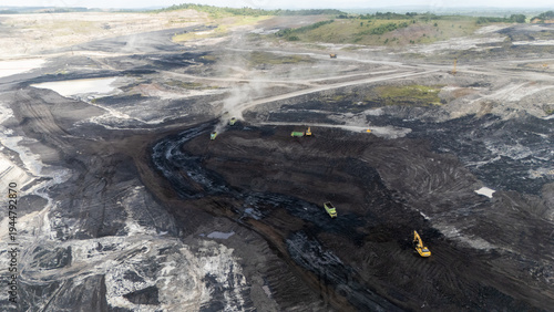 Foto Drone footage from a coal mining site in South Kalimantan shows trucks and heavy