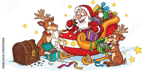 Happy Christmas! Funny Cartoon Christmas Illustration of Santa Claus Eating Cookies in a Sleigh Full of Presents While Mischievous Reindeer Unpack Gifts and Chew Ribbons in a Snowy Winter Scene