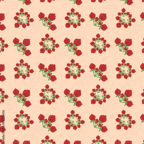 Seamless pattern of red flower bouquets and circular floral wreaths on a soft cream background. Elegant botanical vector illustration for textile, wallpaper, and romantic gift wrap design.
