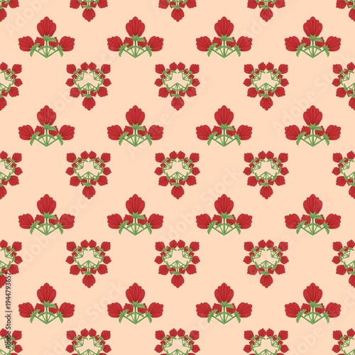 Seamless Indian Mughal floral motif pattern with red flowers and green leaves on a cream background. Traditional hand block print style for textile, wallpaper, and ethnic decor.