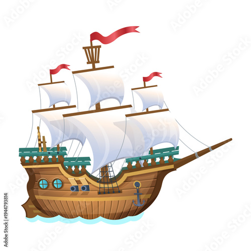 Ancient Wooden Pirate Galleon Ship Illustration on White Background