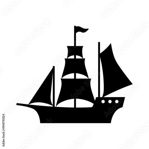 Black Silhouette of a Vintage Sailing Ship Isolated on White Background