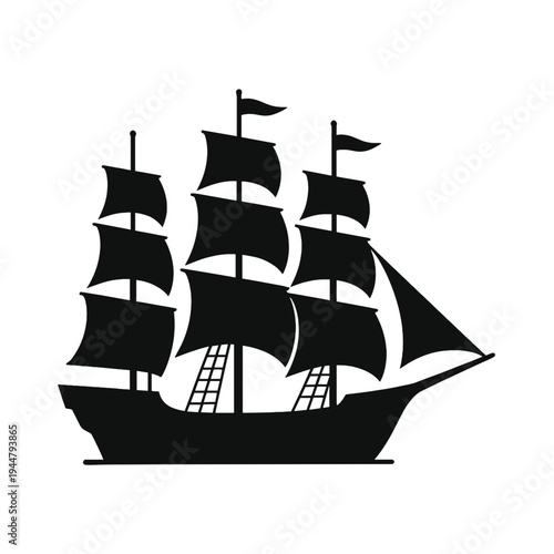 Black Silhouette of a Vintage Sailing Ship Isolated on White Background