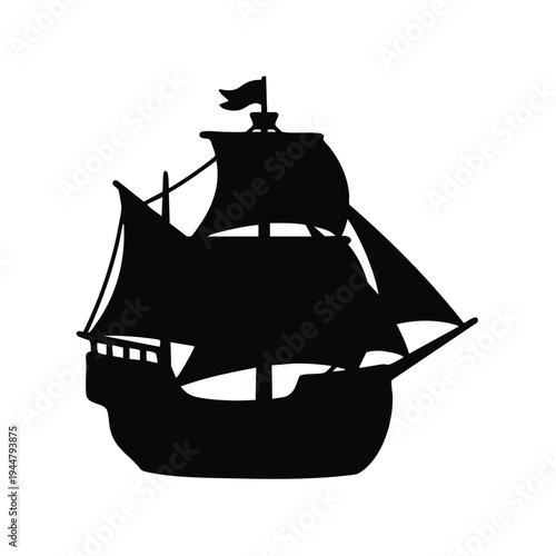 Black Silhouette of a Vintage Sailing Ship Isolated on White Background
