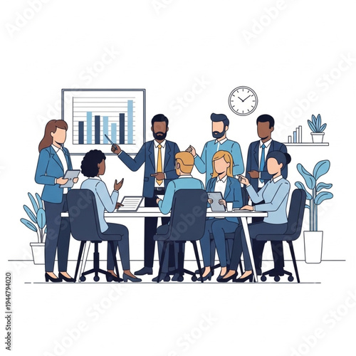 A professional team of business people and businesswomen sitting at an office table for a meeting discussion and seminar presentation about teamwork