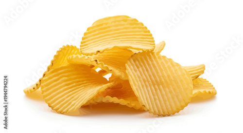 A tempting mound of golden wavy potato chips, perfectly isolated on a bright white background, ready for a satisfying, crispy snack experience