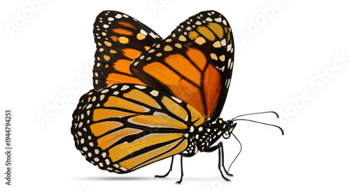 Majestic Monarch Butterfly with Intricate Wing Patterns Isolated on a Clean White Background, Showcasing its Delicate Structure and Vibrant Orange and Black Colors