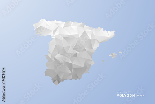 Spain Map - polygon style vector illustration in gray, white and blue tone, low-poly geometric design, minimal silhouette, suitable for infographic and modern design.