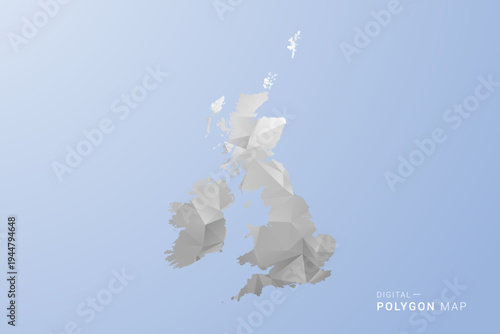 United Kingdom Map - polygon style vector illustration in gray, white and blue tone, low-poly geometric design, minimal silhouette, suitable for infographic and modern design.