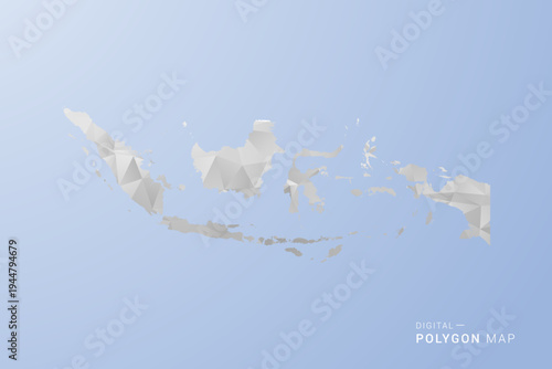 Indonesia Map - polygon style vector illustration in gray, white and blue tone, low-poly geometric design, minimal silhouette, suitable for infographic and modern design.