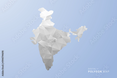 India Map - polygon style vector illustration in gray, white and blue tone, low-poly geometric design, minimal silhouette, suitable for infographic and modern design.
