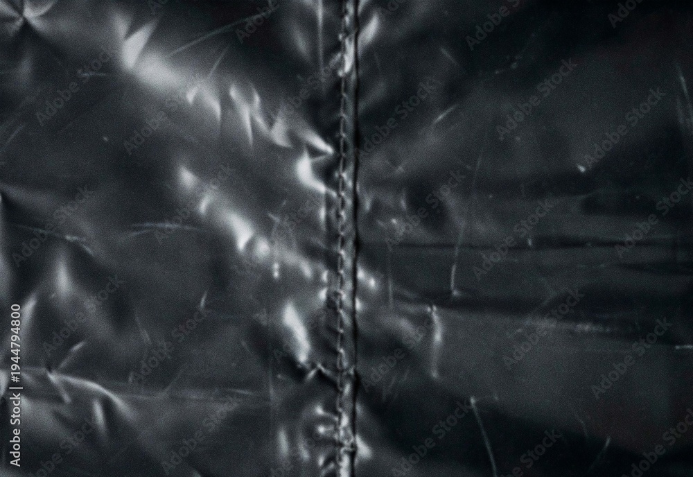Fototapeta premium Close-up of black glossy quilted jacket seam on wrinkled synthetic leather