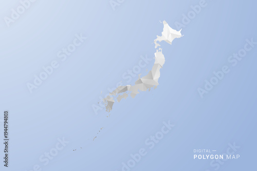 Japan Map - polygon style vector illustration in gray, white and blue tone, low-poly geometric design, minimal silhouette, suitable for infographic and modern design.