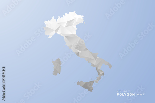 Italy Map - polygon style vector illustration in gray, white and blue tone, low-poly geometric design, minimal silhouette, suitable for infographic and modern design.