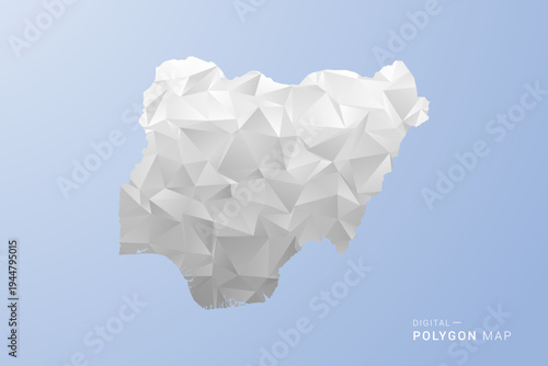 Nigeria Map - polygon style vector illustration in gray, white and blue tone, low-poly geometric design, minimal silhouette, suitable for infographic and modern design.