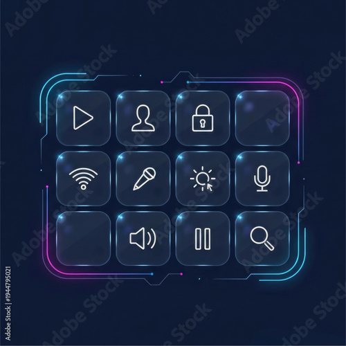 The image displays a grid of illuminated, transparent, square icons with rounded corners against a dark blue background