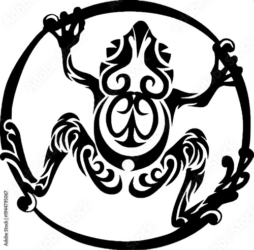 Psychedelic op-art frog drawing, black and white striped patterns forming the body of a frog, geometric dots and curves, frog perched on a triangular platform, hypnotic horizontal line background, mod