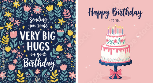 Joyful birthday greeting cards set, featuring a heartwarming 'big hugs' message on a vibrant floral background and a delicious tiered cake with lit candles