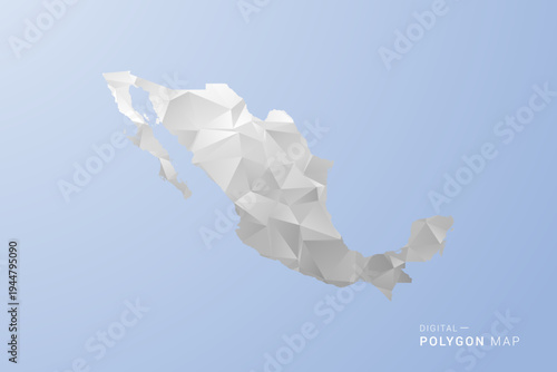 Mexico Map - polygon style vector illustration in gray, white and blue tone, low-poly geometric design, minimal silhouette, suitable for infographic and modern design.