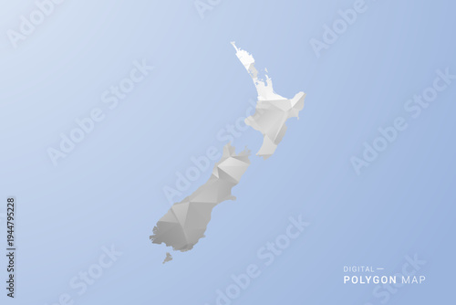 New Zealand Map - polygon style vector illustration in gray, white and blue tone, low-poly geometric design, minimal silhouette, suitable for infographic and modern design.