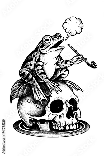 Psychedelic op-art frog drawing, black and white striped patterns forming the body of a frog, geometric dots and curves, frog perched on a triangular platform, hypnotic horizontal line background, mod