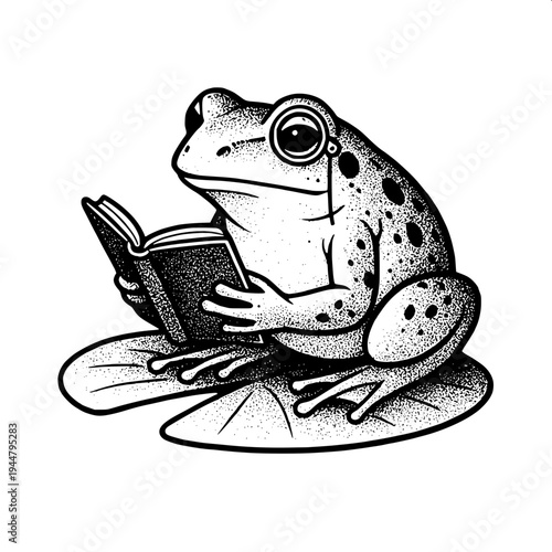 Psychedelic op-art frog drawing, black and white striped patterns forming the body of a frog, geometric dots and curves, frog perched on a triangular platform, hypnotic horizontal line background, mod