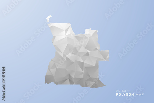 Angola Map - polygon style vector illustration in gray, white and blue tone, low-poly geometric design, minimal silhouette, suitable for infographic and modern design.