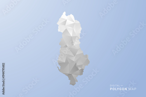 Albania Map - polygon style vector illustration in gray, white and blue tone, low-poly geometric design, minimal silhouette, suitable for infographic and modern design.