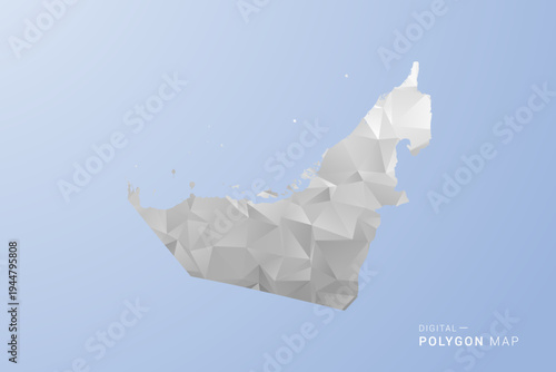 United Arab Emirates Map - polygon style vector illustration in gray, white and blue tone, low-poly geometric design, minimal silhouette, suitable for infographic and modern design.