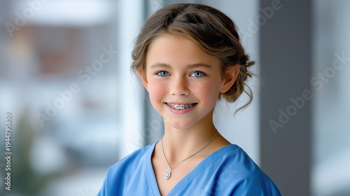 Smiling child with braces in dental office, wearing blue scrubs, showcasing healthy teeth during routine checkup, promoting prevention of dental diseases Free Download Smiling child with braces in dental office, wearing blue scrubs, showcasing healthy teeth during routine checkup, promoting prevention of dental diseases - GFXLoad