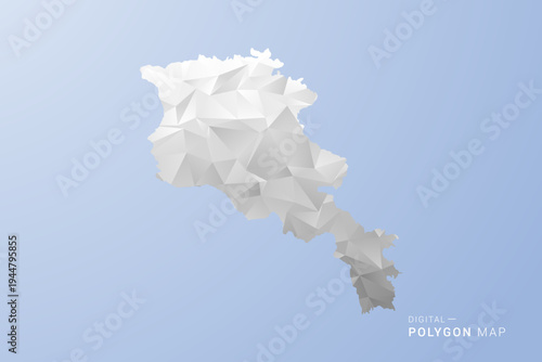 Armenia Map - polygon style vector illustration in gray, white and blue tone, low-poly geometric design, minimal silhouette, suitable for infographic and modern design.