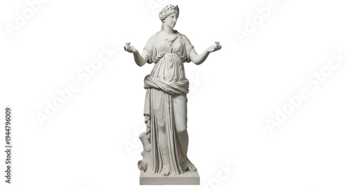 Classical marble sculpture of a female figure, possibly a goddess, holding symbolic objects, embodying ancient beauty and wisdom, isolated on a pristine white background