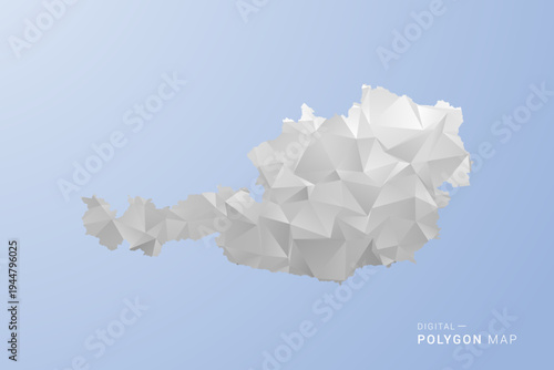 Austria Map - polygon style vector illustration in gray, white and blue tone, low-poly geometric design, minimal silhouette, suitable for infographic and modern design.