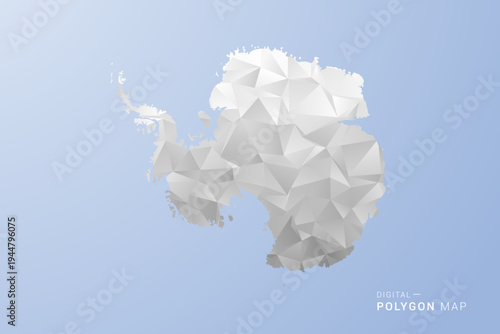 Antarctica Map - polygon style vector illustration in gray, white and blue tone, low-poly geometric design, minimal silhouette, suitable for infographic and modern design.