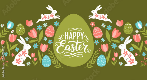 Charming Easter illustration with cute bunnies, colorful tulips, and festive eggs, perfect for spring holiday greetings and decorations