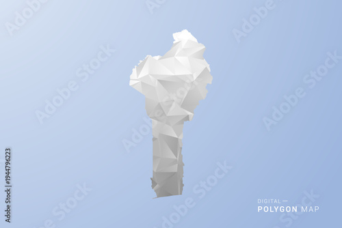 Benin Map - polygon style vector illustration in gray, white and blue tone, low-poly geometric design, minimal silhouette, suitable for infographic and modern design.