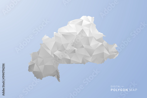 Burkina Faso Map - polygon style vector illustration in gray, white and blue tone, low-poly geometric design, minimal silhouette, suitable for infographic and modern design.