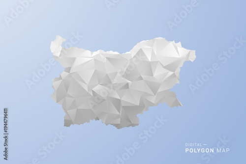 Bulgaria Map - polygon style vector illustration in gray, white and blue tone, low-poly geometric design, minimal silhouette, suitable for infographic and modern design.