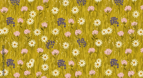 A vibrant seamless pattern illustration featuring an array of delicate wildflowers blooming in a lush golden meadow, perfect for spring and summer nature-inspired designs and backgrounds