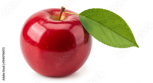 A vibrant red apple with a fresh green leaf, showcasing its healthy, natural, and organic qualities on a clean white background
