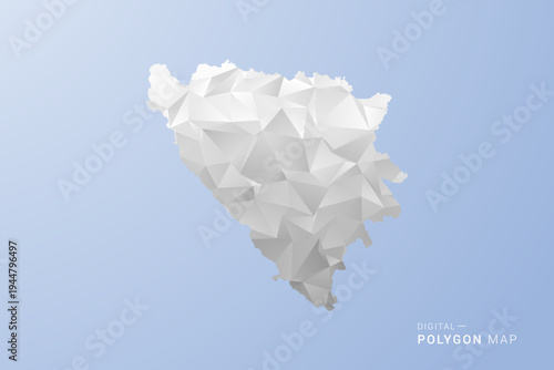 Bosnia and Herzegovina Map - polygon style vector illustration in gray, white and blue tone, low-poly geometric design, minimal silhouette, suitable for infographic and modern design.