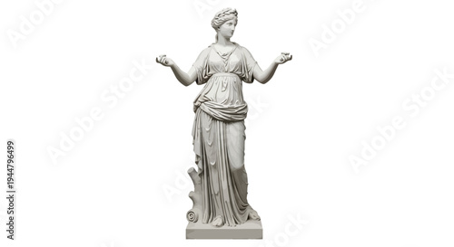 Classical white marble statue of a graceful woman with outstretched hands, symbolizing balance, ancient wisdom, and timeless harmony, isolated on a clean white background