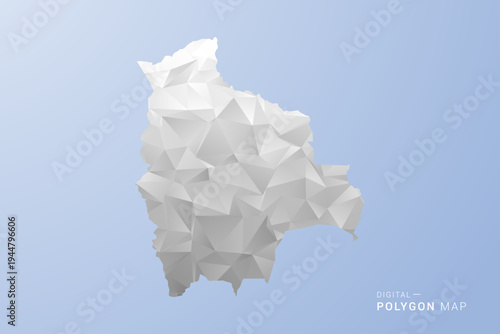 Bolivia Map - polygon style vector illustration in gray, white and blue tone, low-poly geometric design, minimal silhouette, suitable for infographic and modern design.