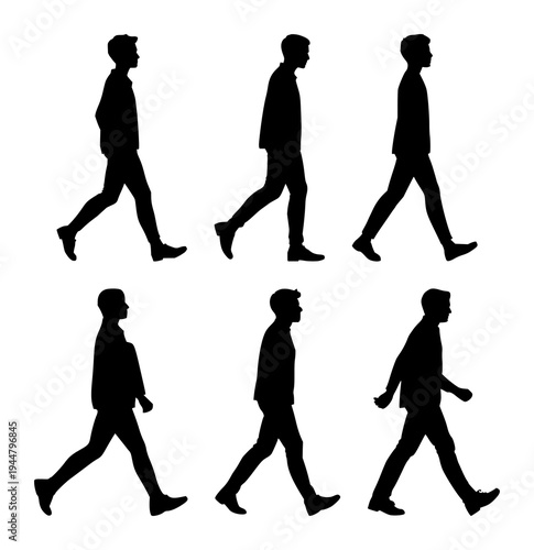 Pedestrian set with minimalist stick figure silhouette walking right featuring simple lines, rounded edges, and high contrast with monochromatic colors and flat vector design